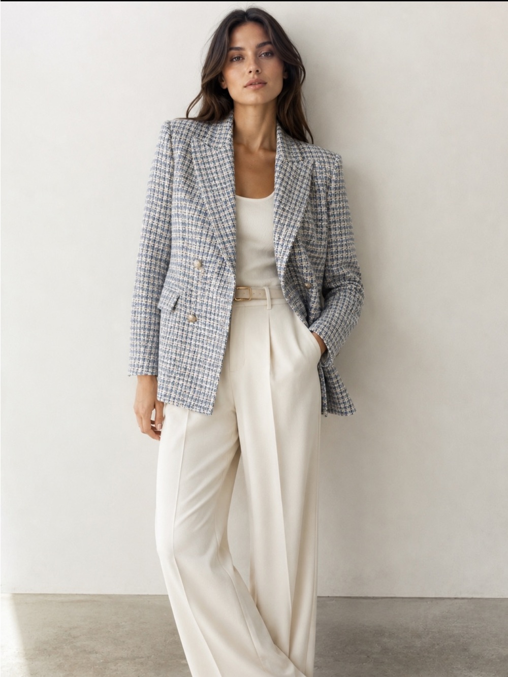 Zara Blue and Cream Tweed Double-Breasted Blazer